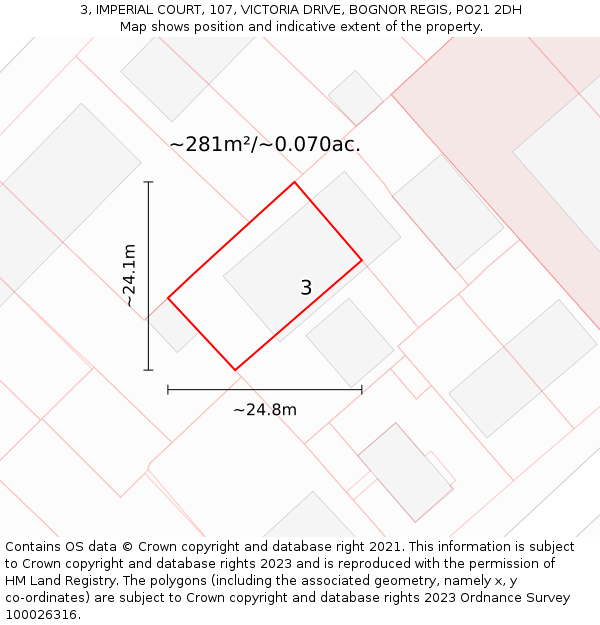 3, IMPERIAL COURT, 107, VICTORIA DRIVE, BOGNOR REGIS, PO21 2DH: Plot and title map