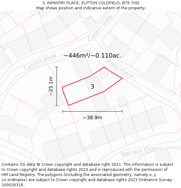 3, INFANTRY PLACE, SUTTON COLDFIELD, B75 7HD: Plot and title map
