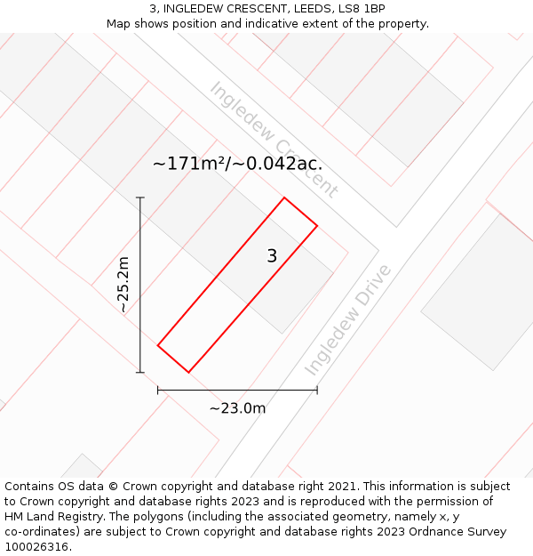 3, INGLEDEW CRESCENT, LEEDS, LS8 1BP: Plot and title map