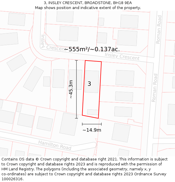 3, INSLEY CRESCENT, BROADSTONE, BH18 9EA: Plot and title map