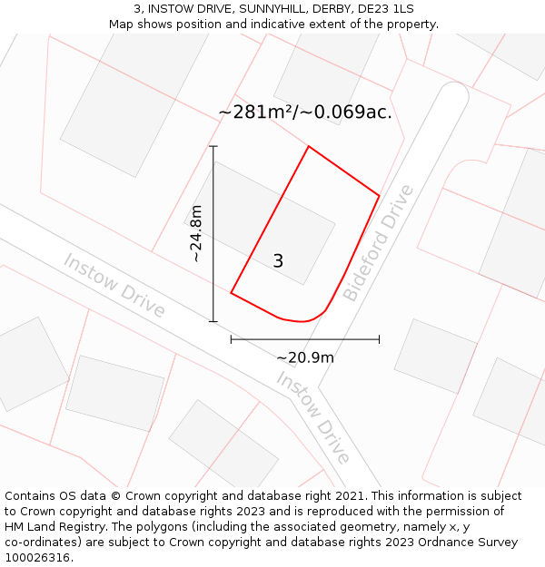 3, INSTOW DRIVE, SUNNYHILL, DERBY, DE23 1LS: Plot and title map