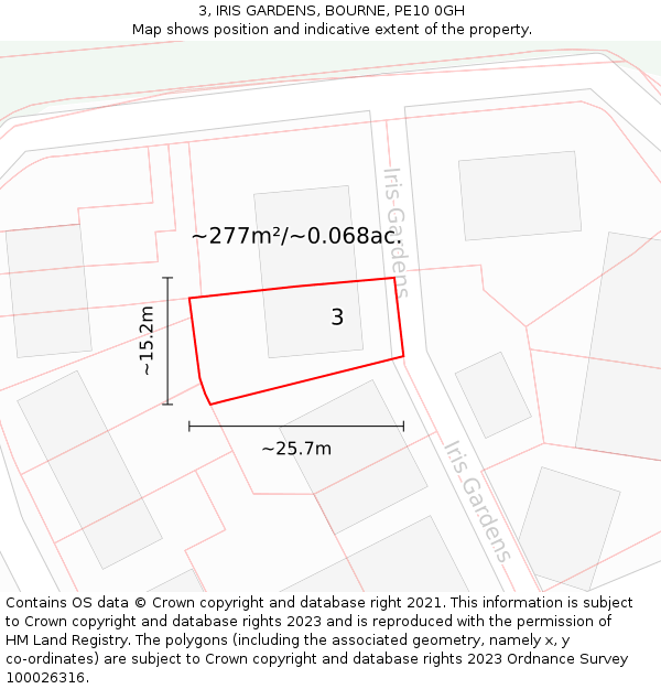 3, IRIS GARDENS, BOURNE, PE10 0GH: Plot and title map