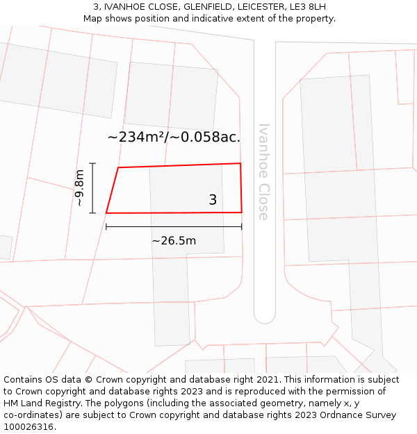 3, IVANHOE CLOSE, GLENFIELD, LEICESTER, LE3 8LH: Plot and title map