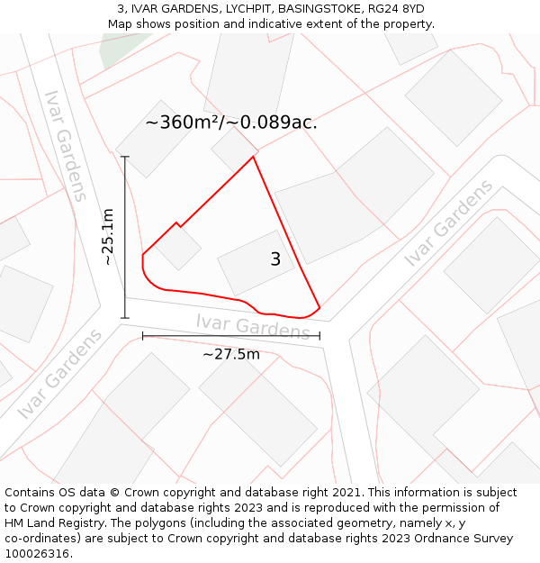 3, IVAR GARDENS, LYCHPIT, BASINGSTOKE, RG24 8YD: Plot and title map