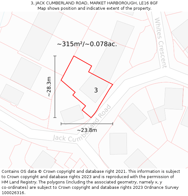 3, JACK CUMBERLAND ROAD, MARKET HARBOROUGH, LE16 8GF: Plot and title map