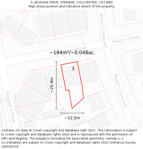 3, JACKDAW DRIVE, STANWAY, COLCHESTER, CO3 8WD: Plot and title map
