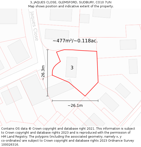3, JAQUES CLOSE, GLEMSFORD, SUDBURY, CO10 7UN: Plot and title map