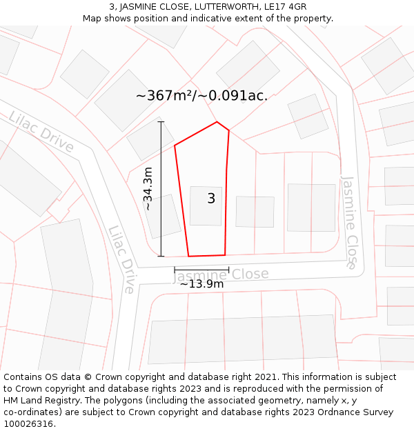 3, JASMINE CLOSE, LUTTERWORTH, LE17 4GR: Plot and title map