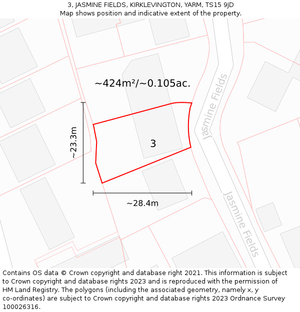3, JASMINE FIELDS, KIRKLEVINGTON, YARM, TS15 9JD: Plot and title map