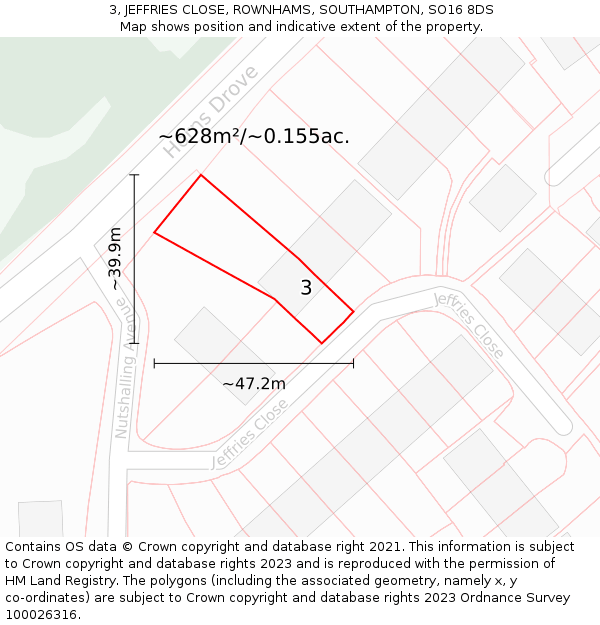 3, JEFFRIES CLOSE, ROWNHAMS, SOUTHAMPTON, SO16 8DS: Plot and title map