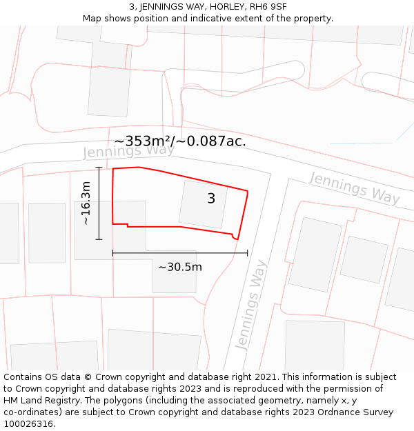 3, JENNINGS WAY, HORLEY, RH6 9SF: Plot and title map