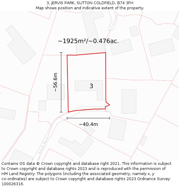 3, JERVIS PARK, SUTTON COLDFIELD, B74 3FH: Plot and title map