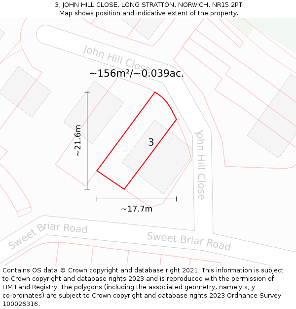 3, JOHN HILL CLOSE, LONG STRATTON, NORWICH, NR15 2PT: Plot and title map