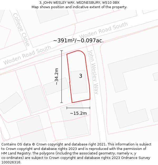 3, JOHN WESLEY WAY, WEDNESBURY, WS10 0BX: Plot and title map