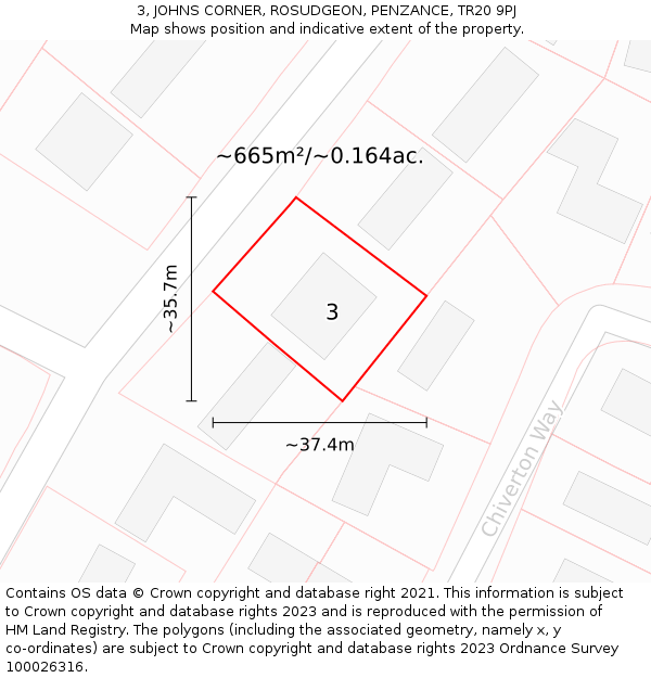 3, JOHNS CORNER, ROSUDGEON, PENZANCE, TR20 9PJ: Plot and title map