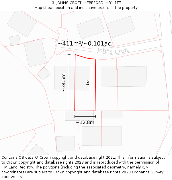 3, JOHNS CROFT, HEREFORD, HR1 1TE: Plot and title map