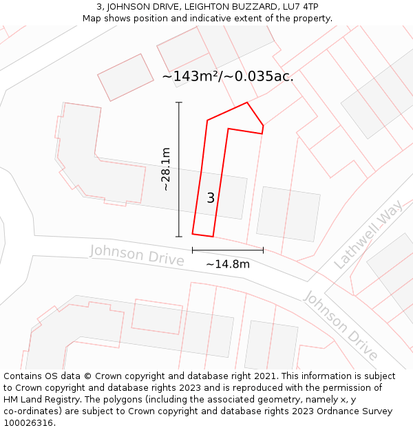 3, JOHNSON DRIVE, LEIGHTON BUZZARD, LU7 4TP: Plot and title map