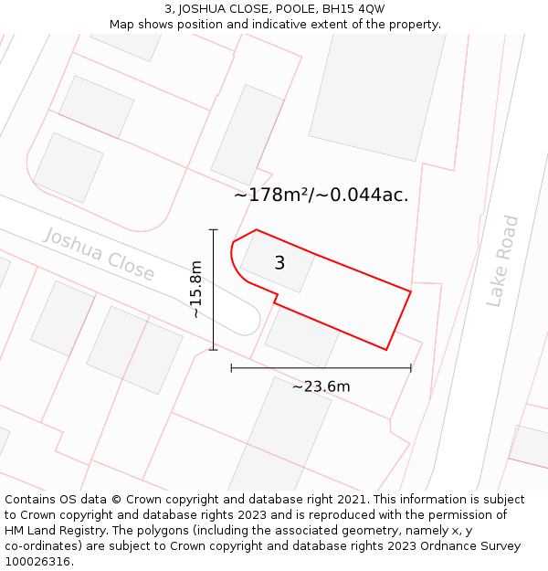 3, JOSHUA CLOSE, POOLE, BH15 4QW: Plot and title map