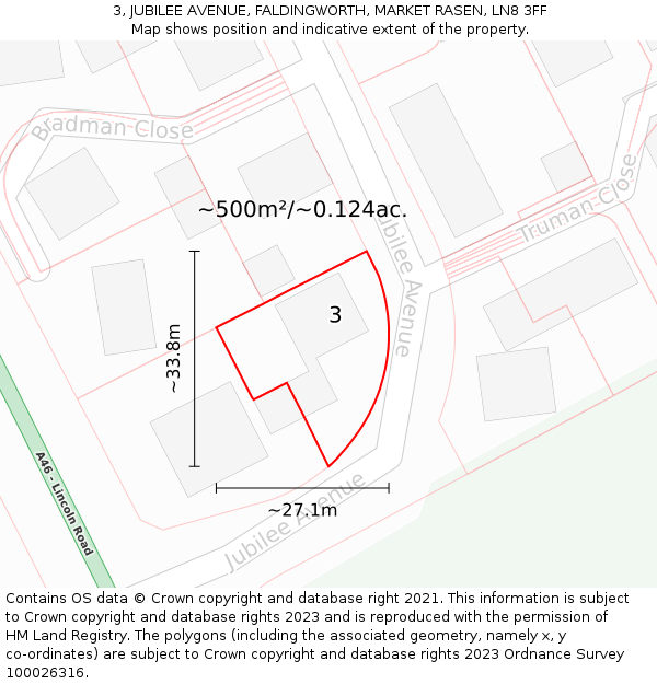 3, JUBILEE AVENUE, FALDINGWORTH, MARKET RASEN, LN8 3FF: Plot and title map