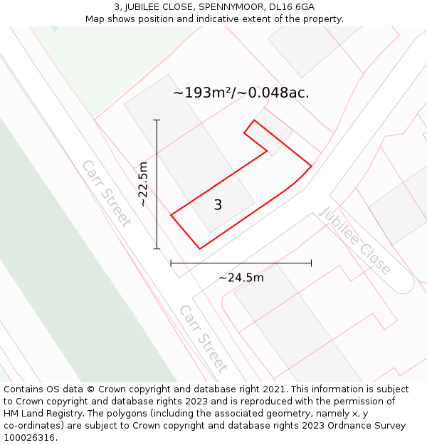 3, JUBILEE CLOSE, SPENNYMOOR, DL16 6GA: Plot and title map