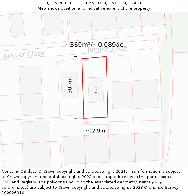 3, JUNIPER CLOSE, BRANSTON, LINCOLN, LN4 1PJ: Plot and title map
