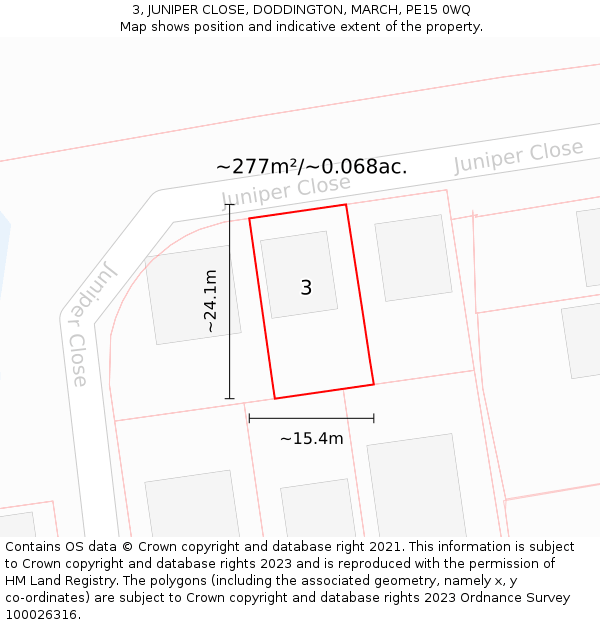 3, JUNIPER CLOSE, DODDINGTON, MARCH, PE15 0WQ: Plot and title map