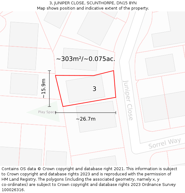 3, JUNIPER CLOSE, SCUNTHORPE, DN15 8YN: Plot and title map