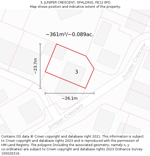 3, JUNIPER CRESCENT, SPALDING, PE12 6FD: Plot and title map