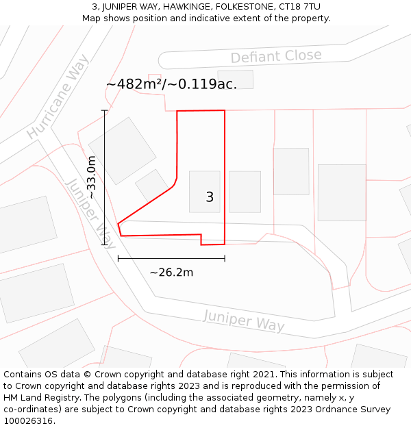 3, JUNIPER WAY, HAWKINGE, FOLKESTONE, CT18 7TU: Plot and title map