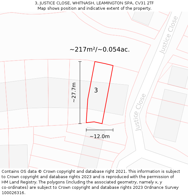 3, JUSTICE CLOSE, WHITNASH, LEAMINGTON SPA, CV31 2TF: Plot and title map