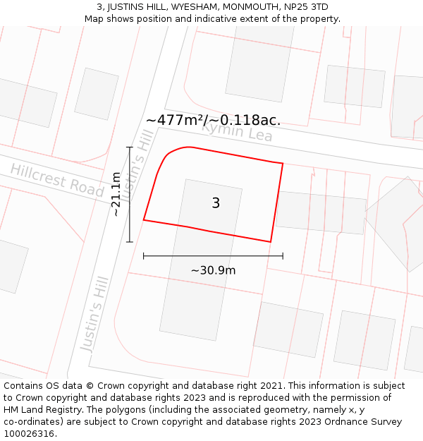 3, JUSTINS HILL, WYESHAM, MONMOUTH, NP25 3TD: Plot and title map