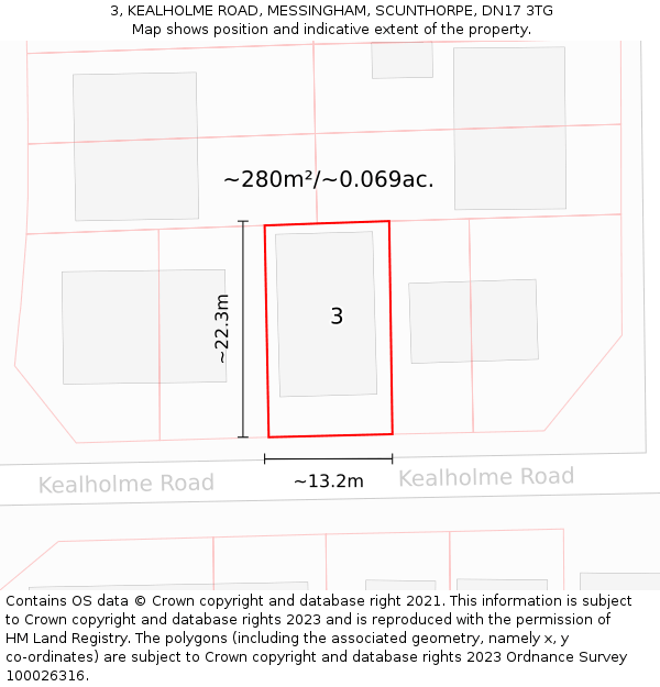 3, KEALHOLME ROAD, MESSINGHAM, SCUNTHORPE, DN17 3TG: Plot and title map