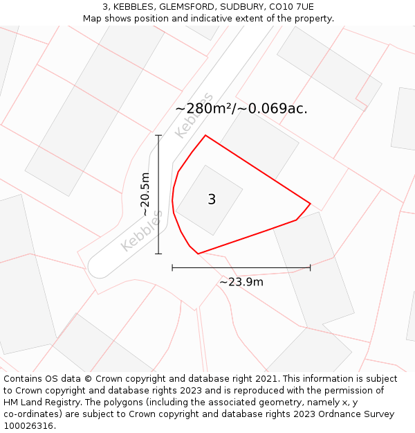 3, KEBBLES, GLEMSFORD, SUDBURY, CO10 7UE: Plot and title map