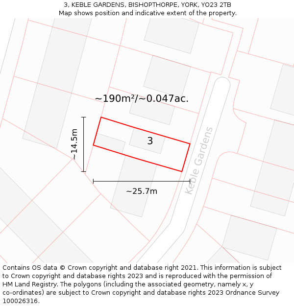 3, KEBLE GARDENS, BISHOPTHORPE, YORK, YO23 2TB: Plot and title map