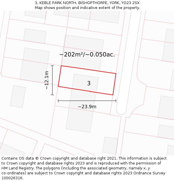 3, KEBLE PARK NORTH, BISHOPTHORPE, YORK, YO23 2SX: Plot and title map