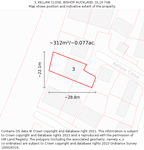 3, KELLAW CLOSE, BISHOP AUCKLAND, DL14 7GB: Plot and title map
