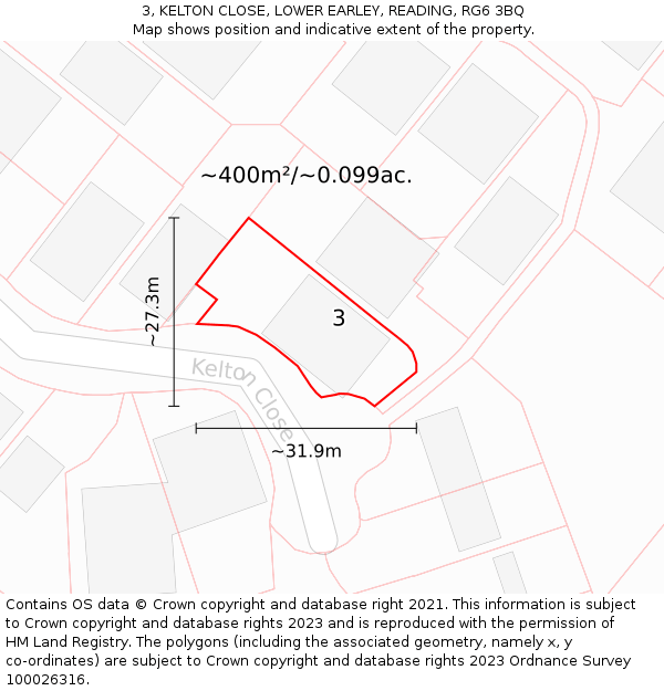 3, KELTON CLOSE, LOWER EARLEY, READING, RG6 3BQ: Plot and title map