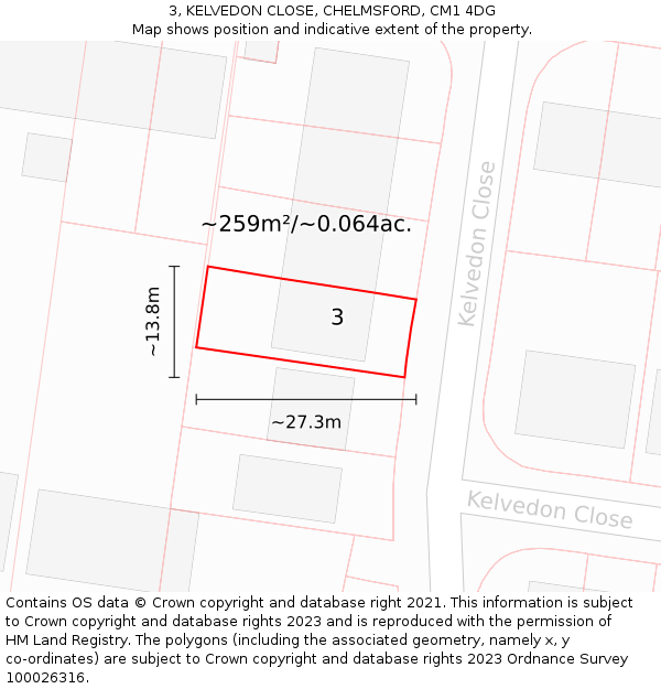 3, KELVEDON CLOSE, CHELMSFORD, CM1 4DG: Plot and title map