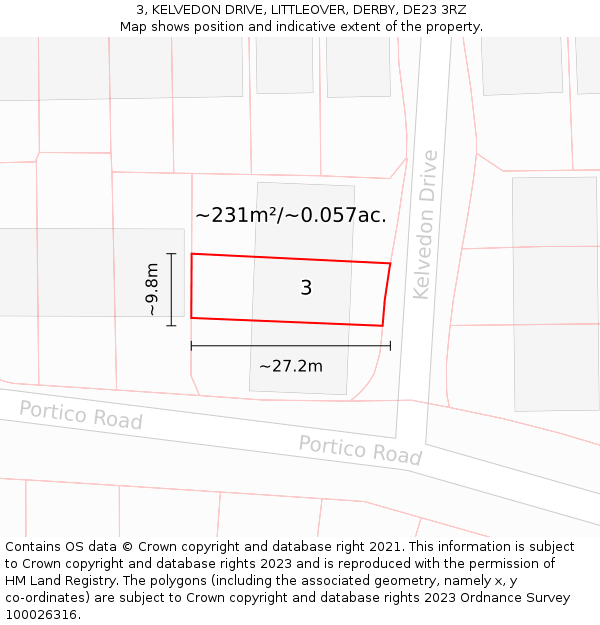 3, KELVEDON DRIVE, LITTLEOVER, DERBY, DE23 3RZ: Plot and title map