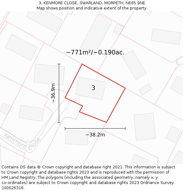 3, KENMORE CLOSE, SWARLAND, MORPETH, NE65 9NE: Plot and title map