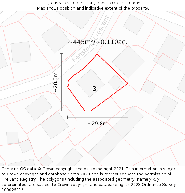 3, KENSTONE CRESCENT, BRADFORD, BD10 8RY: Plot and title map