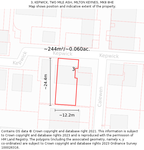 3, KEPWICK, TWO MILE ASH, MILTON KEYNES, MK8 8HE: Plot and title map