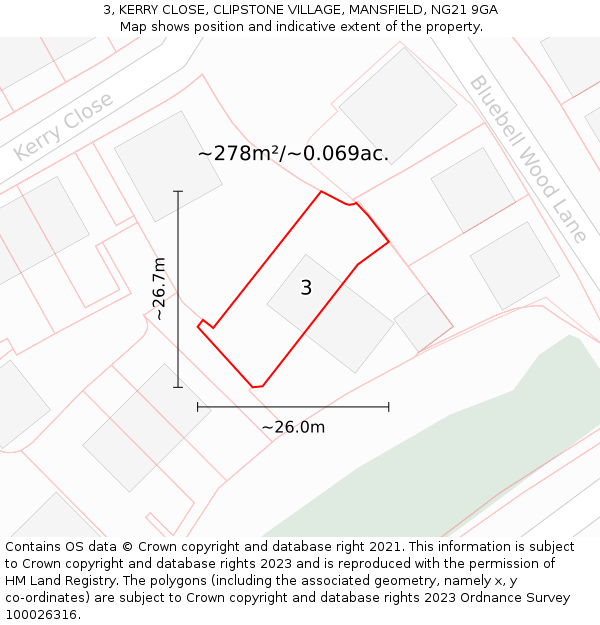 3, KERRY CLOSE, CLIPSTONE VILLAGE, MANSFIELD, NG21 9GA: Plot and title map