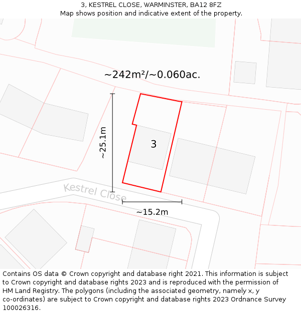 3, KESTREL CLOSE, WARMINSTER, BA12 8FZ: Plot and title map