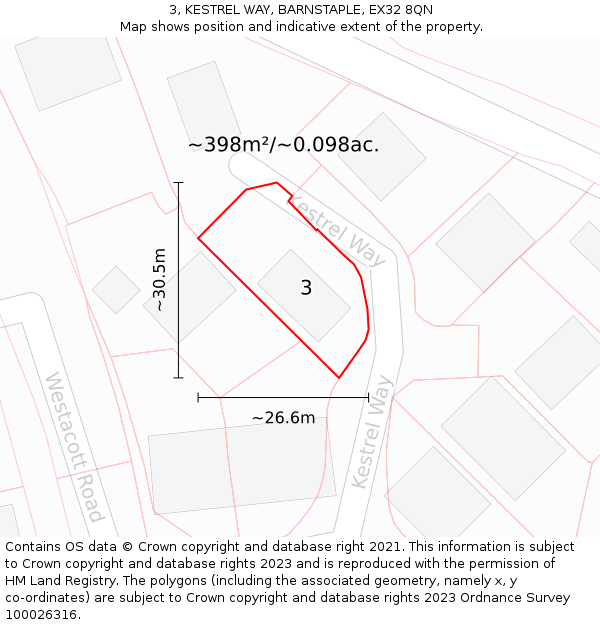 3, KESTREL WAY, BARNSTAPLE, EX32 8QN: Plot and title map