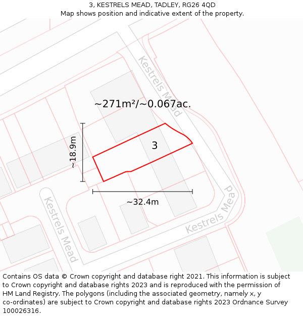 3, KESTRELS MEAD, TADLEY, RG26 4QD: Plot and title map