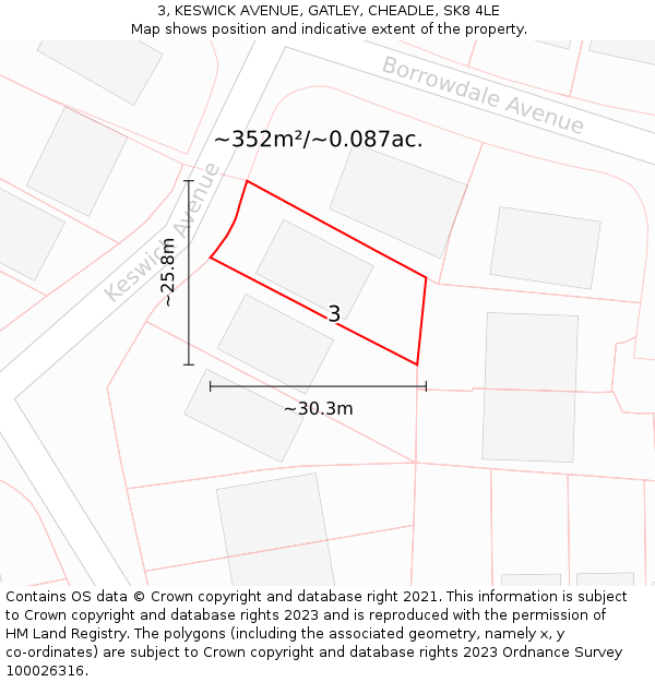 3, KESWICK AVENUE, GATLEY, CHEADLE, SK8 4LE: Plot and title map
