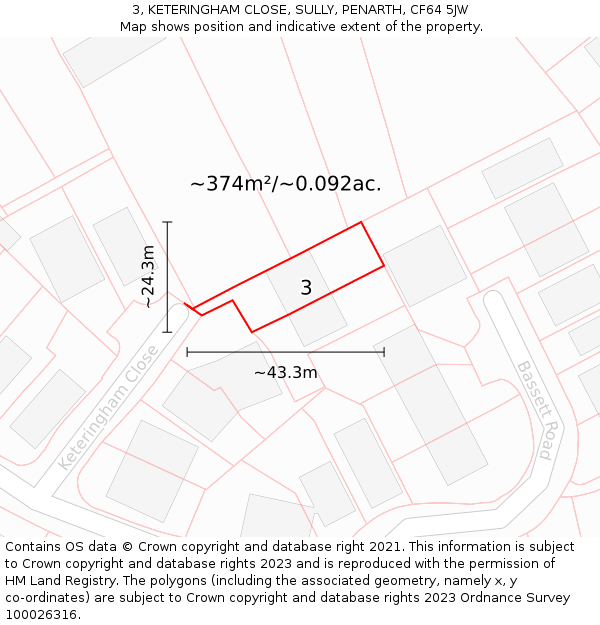 3, KETERINGHAM CLOSE, SULLY, PENARTH, CF64 5JW: Plot and title map