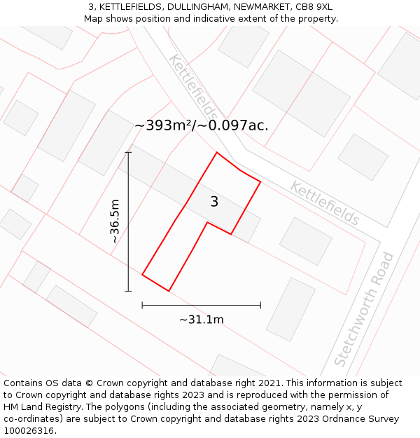 3, KETTLEFIELDS, DULLINGHAM, NEWMARKET, CB8 9XL: Plot and title map