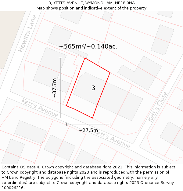 3, KETTS AVENUE, WYMONDHAM, NR18 0NA: Plot and title map